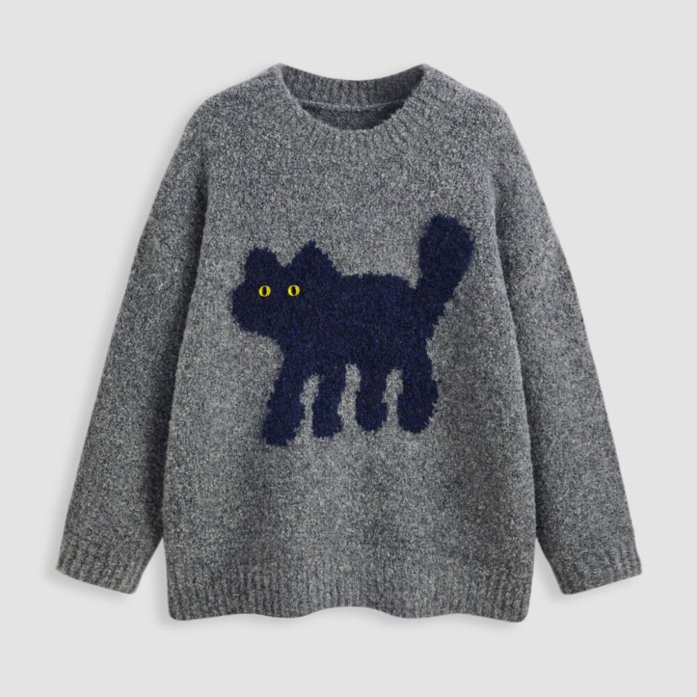 CUTE! Kitty image - soft wool blend knit gray sweater - M/L - Picture 2 of 3